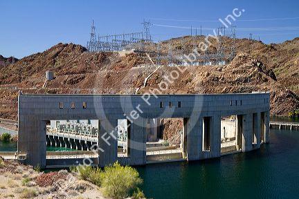 Parker Dam crossing the Colorado River creates Lake Havasu reservoir in La Paz County, Arizona and San Bernardino County, California, USA.