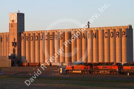 BNSF Railway train in front of the Agri Producers Grain Corp grain elevators at Plainview, Texas, USA.