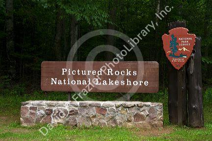 Pictured Rocks National Lakeshore park entrance located on the shore of Lake Superior in the Upper Peninsula of Michigan, USA.