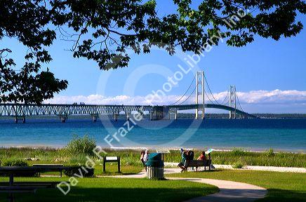 The Mackinac Bridge spanning the Straits of Mackinac connecting the Upper and Lower peninsulas of Michigan, USA.