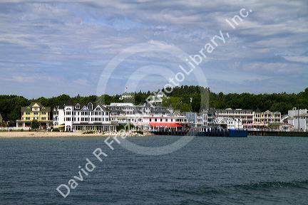 Lakefront historic buildings on Mackinac Island located in Lake Huron, Michigan, USA.