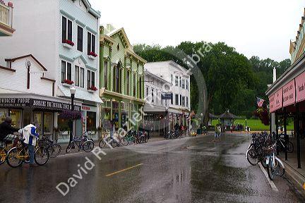Business storefronts on Mackinac Island located in Lake Huron, Michigan, USA.