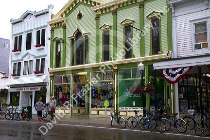 Business storefronts on Mackinac Island located in Lake Huron, Michigan, USA.