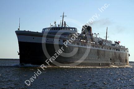 The SS Badger coal-fired passenger and vehicle ferry on Lake Michigan at Ludington, Michigan, USA.