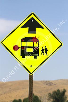School bus stop road sign along highway 55 in Idaho, USA.