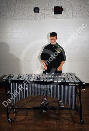 A teenage boy playing a vibraphone.