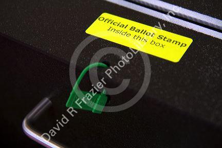 Keyless lock on a ballot box at a polling station in Boise, Idaho, USA.