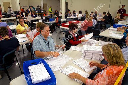 Ada County Elections workers prepare ballots for scanning and tabulation on election day in Boise, Idaho, USA.