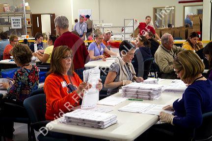 Ada County Elections workers prepare ballots for scanning and tabulation on election day in Boise, Idaho, USA.