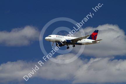 Delta Airbus 319 landing at the Boise Airport, Idaho, USA.