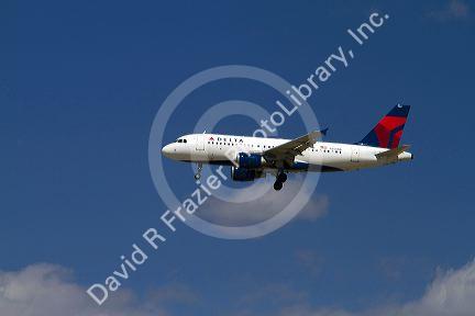 Delta Airbus 319 landing at the Boise Airport, Idaho, USA.