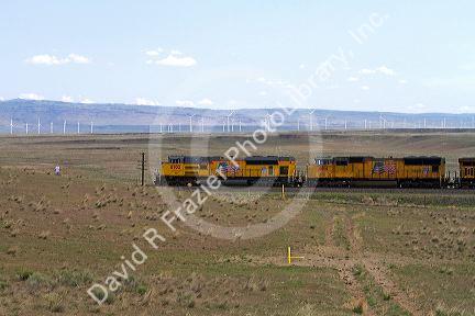 Union Pacific frieght train in Elmore County, Idaho, USA.