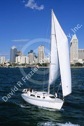 A sailboat in San Diego Harbor, California.