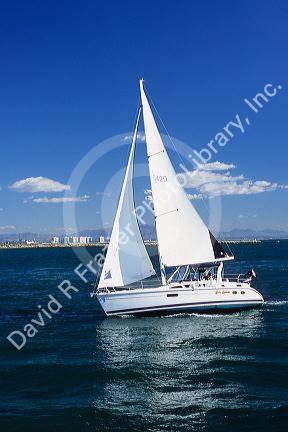 A sailboat in San Diego Harbor, California.