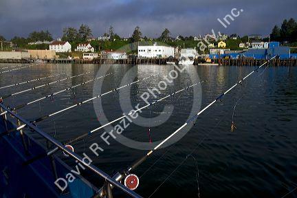 Waterfront and harbor at Yaquina Bay in Newport, Oregon, USA from fishing boat.