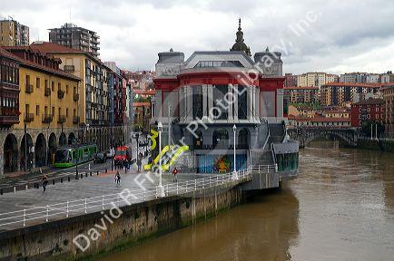 Exterior of the Mercado de al Ribera along the Nervion River at Bilbao, Biscay, Spain.