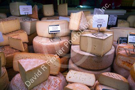 Large display of cheese in a Basque market at Saint-Jean-de-Luz in the Basque province of Labourd, southwestern France.