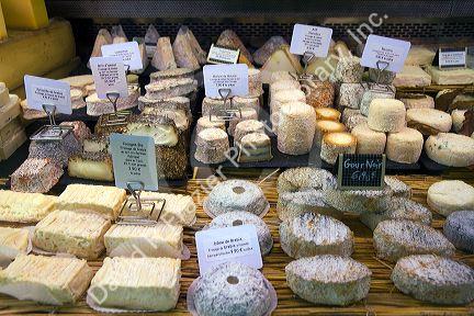 Large display of cheese in a Basque market at Saint-Jean-de-Luz in the Basque province of Labourd, southwestern France.