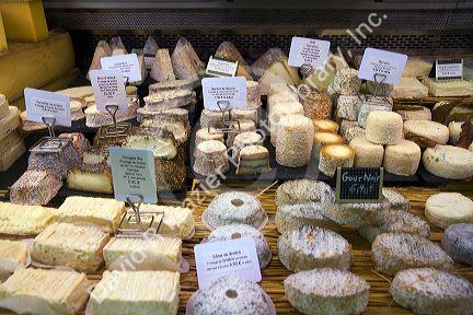 Large display of cheese in a Basque market at Saint-Jean-de-Luz in the Basque province of Labourd, southwestern France.
