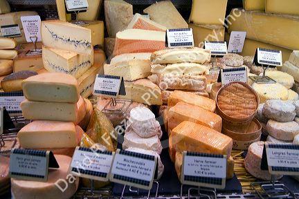 Large display of cheese in a Basque market at Saint-Jean-de-Luz in the Basque province of Labourd, southwestern France.
