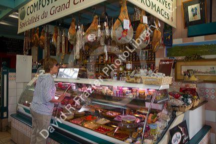 Charcuterie selling cured meats in a Basque market at Saint-Jean-de-Luz in the Basque province of Labourd, southwestern France.