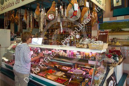Charcuterie selling cured meats in a Basque market at Saint-Jean-de-Luz in the Basque province of Labourd, southwestern France.