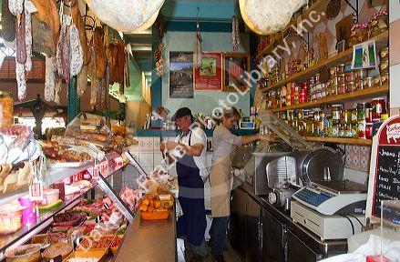 Charcuterie selling cured meats in a Basque market at Saint-Jean-de-Luz in the Basque province of Labourd, southwestern France.