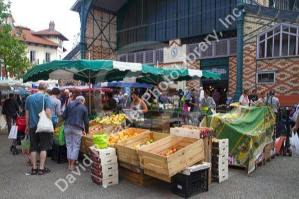 Produce being sold at an outdoor Basque market at Saint-Jean-de-Luz in the Basque province of Labourd, southwestern France.