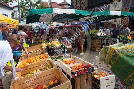 Produce being sold at an outdoor Basque market at Saint-Jean-de-Luz in the Basque province of Labourd, southwestern France.