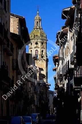 Bell tower of the Church of Santiago el Mayor at Puente La Reina a Basque town along the Way of St. James pilgrimage route, Navarra, Spain.