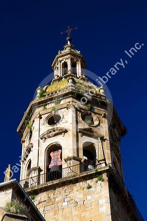 Bell tower of the Church of Santiago el Mayor at Puente La Reina a Basque town along the Way of St. James pilgrimage route, Navarra, Spain.