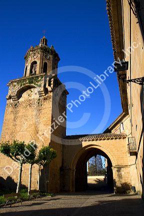 Bell tower of the Church of Santiago el Mayor at Puente La Reina a Basque town along the Way of St. James pilgrimage route, Navarra, Spain.
