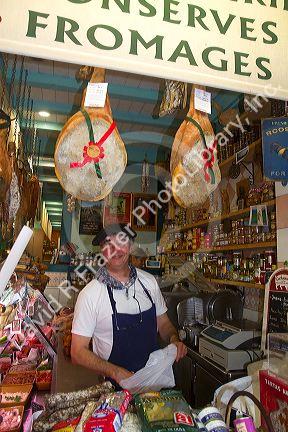 Charcuterie selling cured meats in a Basque market at Saint-Jean-de-Luz in the Basque province of Labourd, southwestern France.