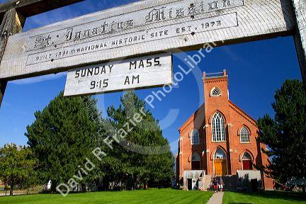 Native clay brick exterior of the St. Ignatius Mission located in St. Ignatius, Montana, USA.