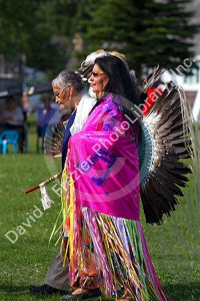 Blackfoot indian in traditional dress at the Blackfoot Arts and Heritage Festival at Waterton Park townsite in Waterton Lakes National Park, Alberta, Canada.