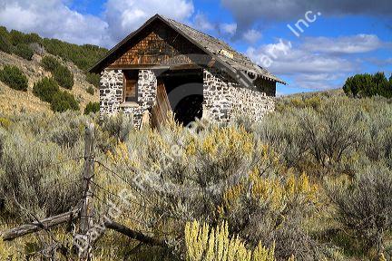 Out building constructed of stone and mortar along Interstate 84 near the Idaho and Utah borders, USA.