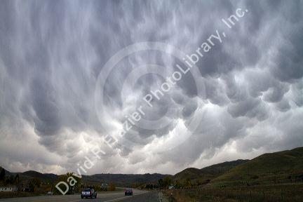 Mammatus clouds telling of an extreme weather system near Horseshoe Bend, Idaho, USA.