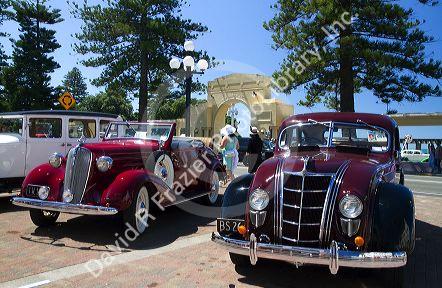 Vintage cars on display during the Tremains Art Deco Weekend  at Napier in the Hawke's Bay Region, North Island, New Zealand.