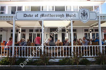 Patio dining at a restaurant in the waterfront town of Russell on the Bay of Islands, North Island, New Zealand.