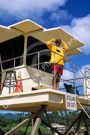 A lifeguard looking through binoculars in Kauai, Hawaii.  MR