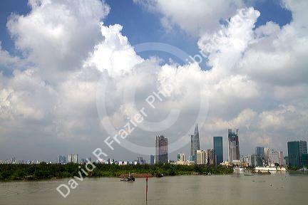 Skyline along the Saigon River in Ho Chi Minh City, Vietnam.