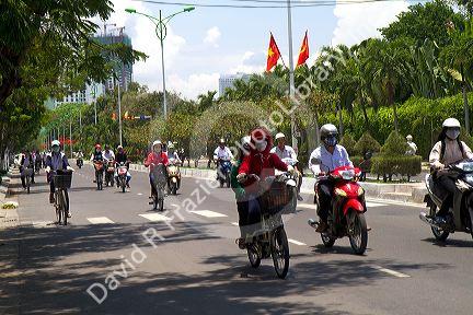 Scooter traffic on a street in Nha Trang, Vietnam.
