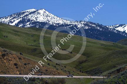 A view of snow covered Shaeffer Butte home to Bogus Basin ski resort along Hwy 55 in Boise County, Idaho, USA.
