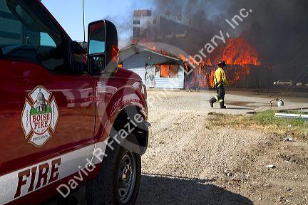 Fire command vehicle on the scene of a building fire in Boise, Idaho, USA.