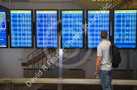 Digital flight information display monitors at the Minneapolis-Saint Paul International Airport located in Hennepin County, Minnesota, USA.