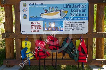 Life jacket loaner station at Payette Lake, McCall, Idaho, USA.