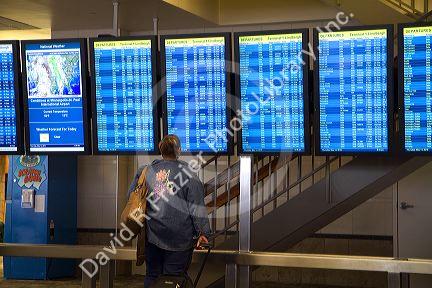 Digital flight information display monitors at the Minneapolis-Saint Paul International Airport located in Hennepin County, Minnesota, USA.