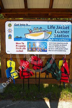 Life jacket loaner station at Payette Lake, McCall, Idaho, USA.