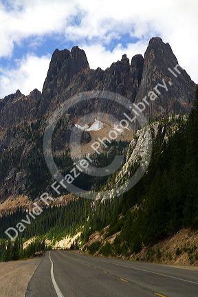 State Route 20 and Liberty Bell Mountain at Washington Pass in the northern Cascade Mountains, Washington, USA.