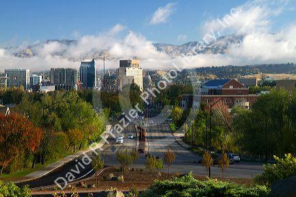 View of capital boulevard and the Idaho state capitol building on a misty morning in downtown Boise, Idaho, USA.